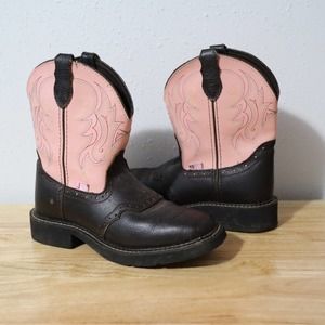 JUSTIN | Brown and Pink Leather Cowboy Boots Size 6.5